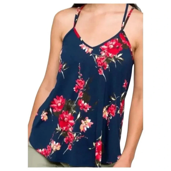Paper Moon Tops - Papermoon Basima Strappy Back Detail Knit Tank Top Plus Size 3X Navy Pink Floral